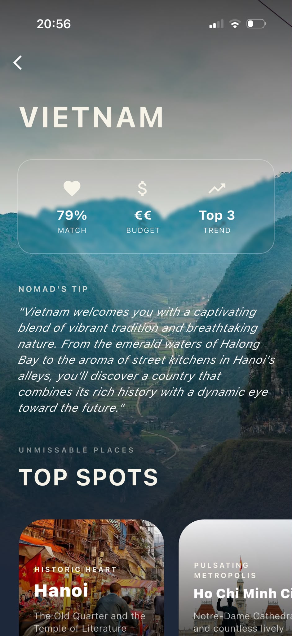 Nomad app – Vietnam destination page with match score, budget and top spots