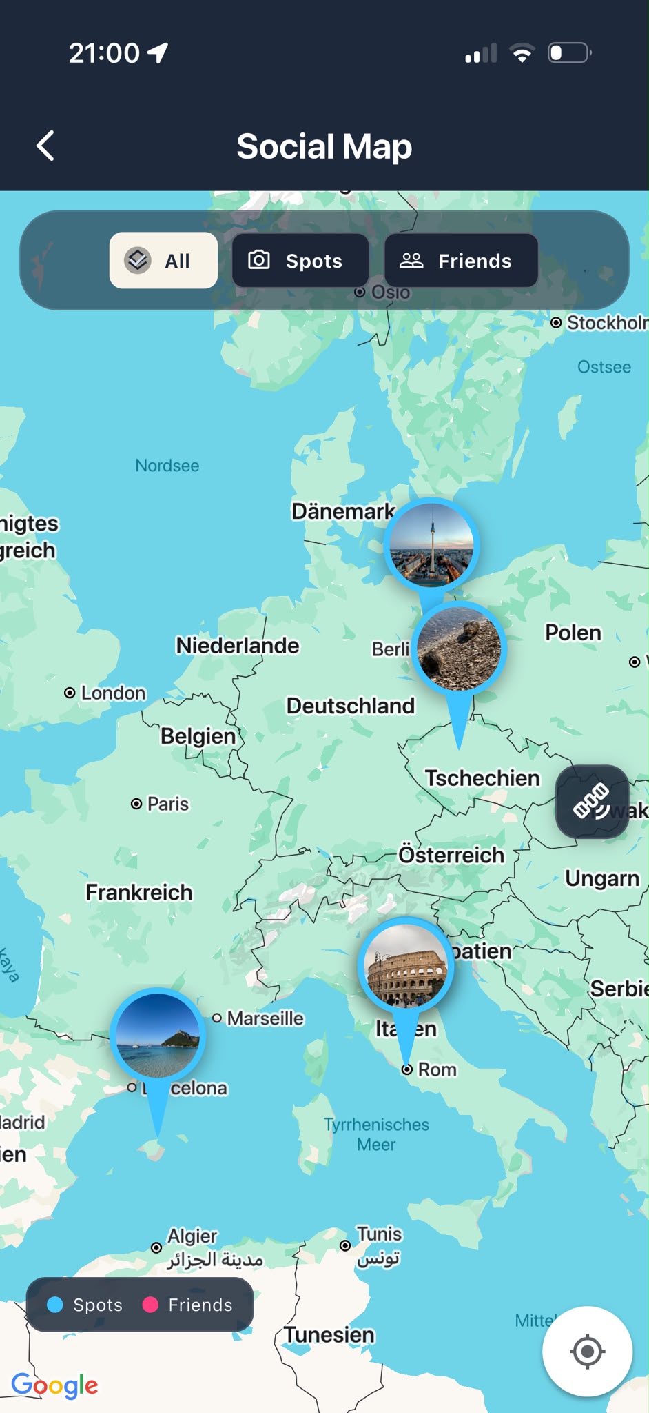 Social Map with friends and community spots across Europe