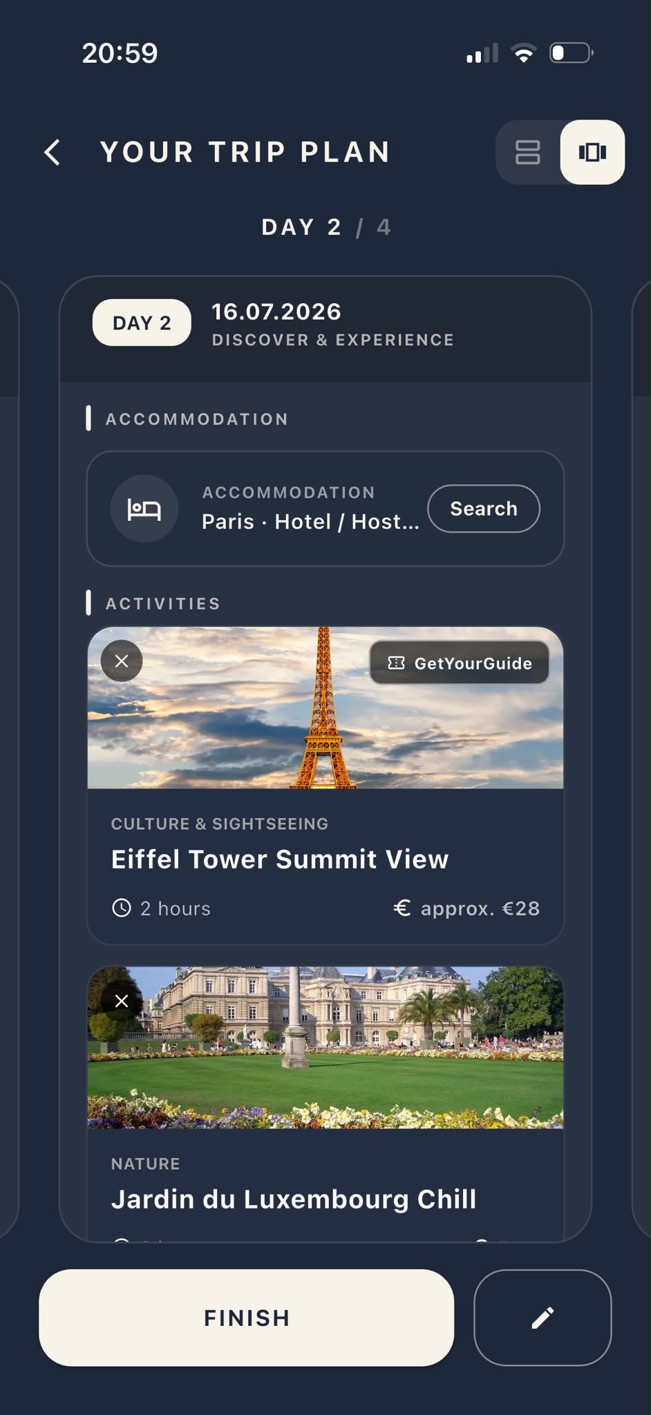 Day-by-day trip plan with real travel times and prices