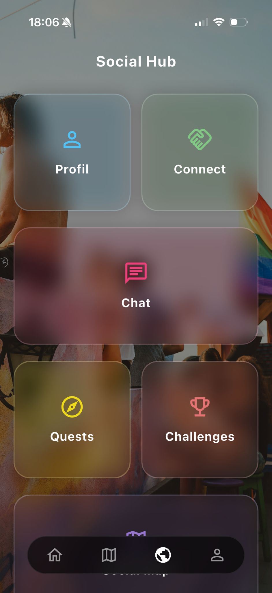 Social Hub mit Profil, Connect, Chat, Quests und Challenges